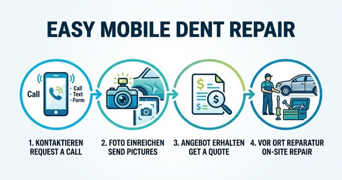 Easy mobile dent repair process infographic with phone, camera, quote, and on-site repair icons.