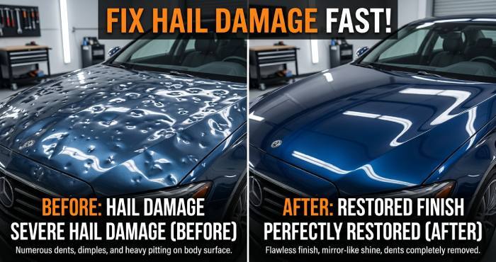 Before and after hail damage repair on a blue car by GemState PDR.